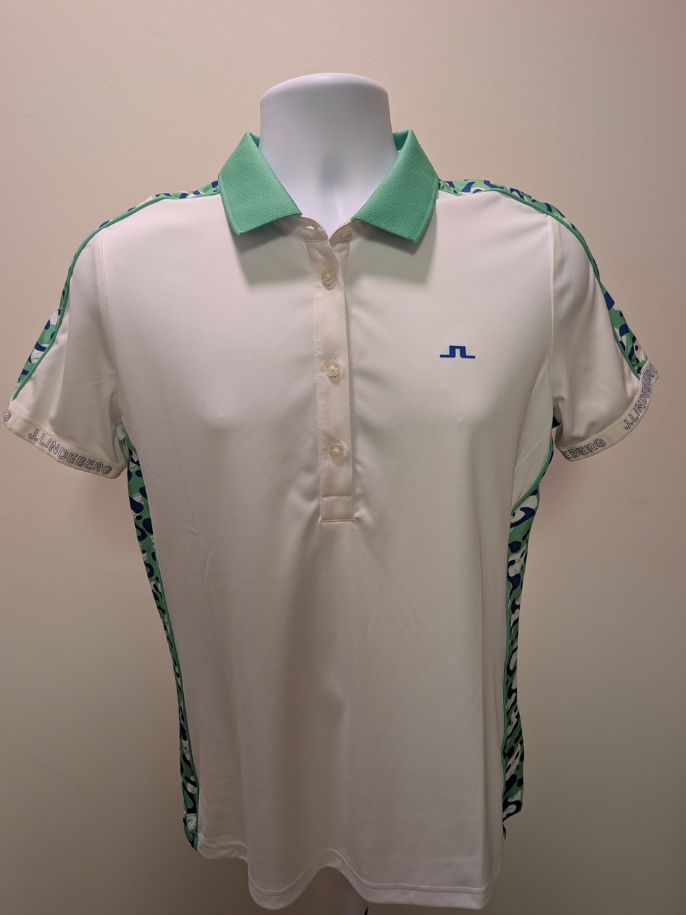 J.Lindeberg TX Jersey Womens Technical Golf Polo Shirt - White w/Green Leopard